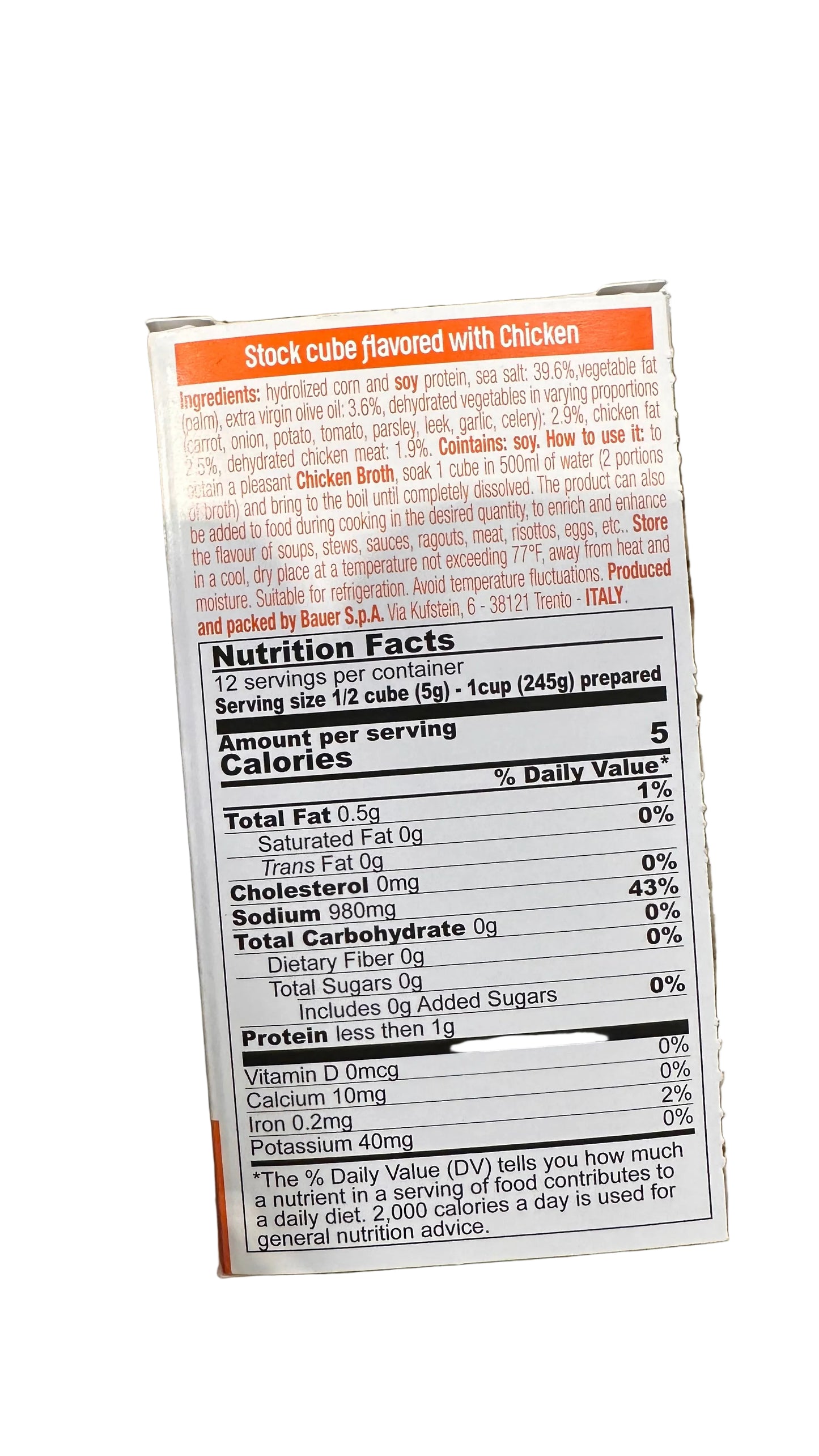 Stock cube label with nutritional information on a marble countertop