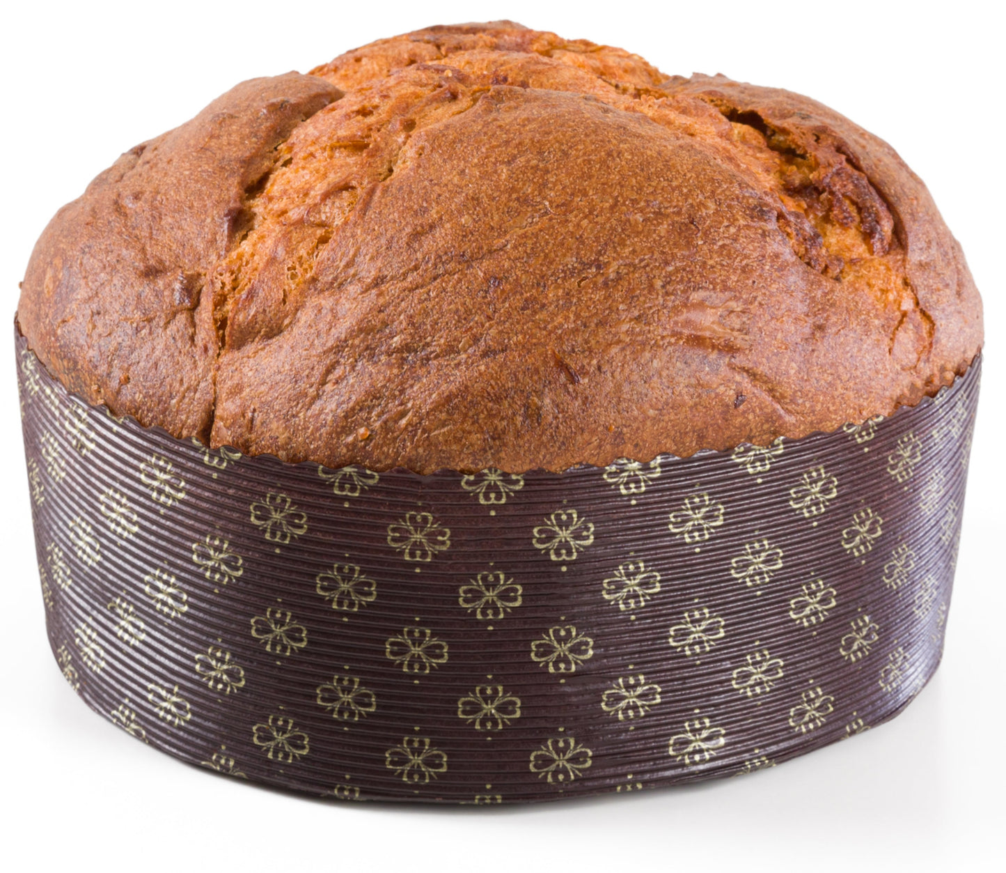 A round, golden-brown baked bread loaf, possibly a panettone or similar traditional Italian sweet bread, wrapped in a dark brown paper liner with a gold geometric pattern, isolated on a white background.