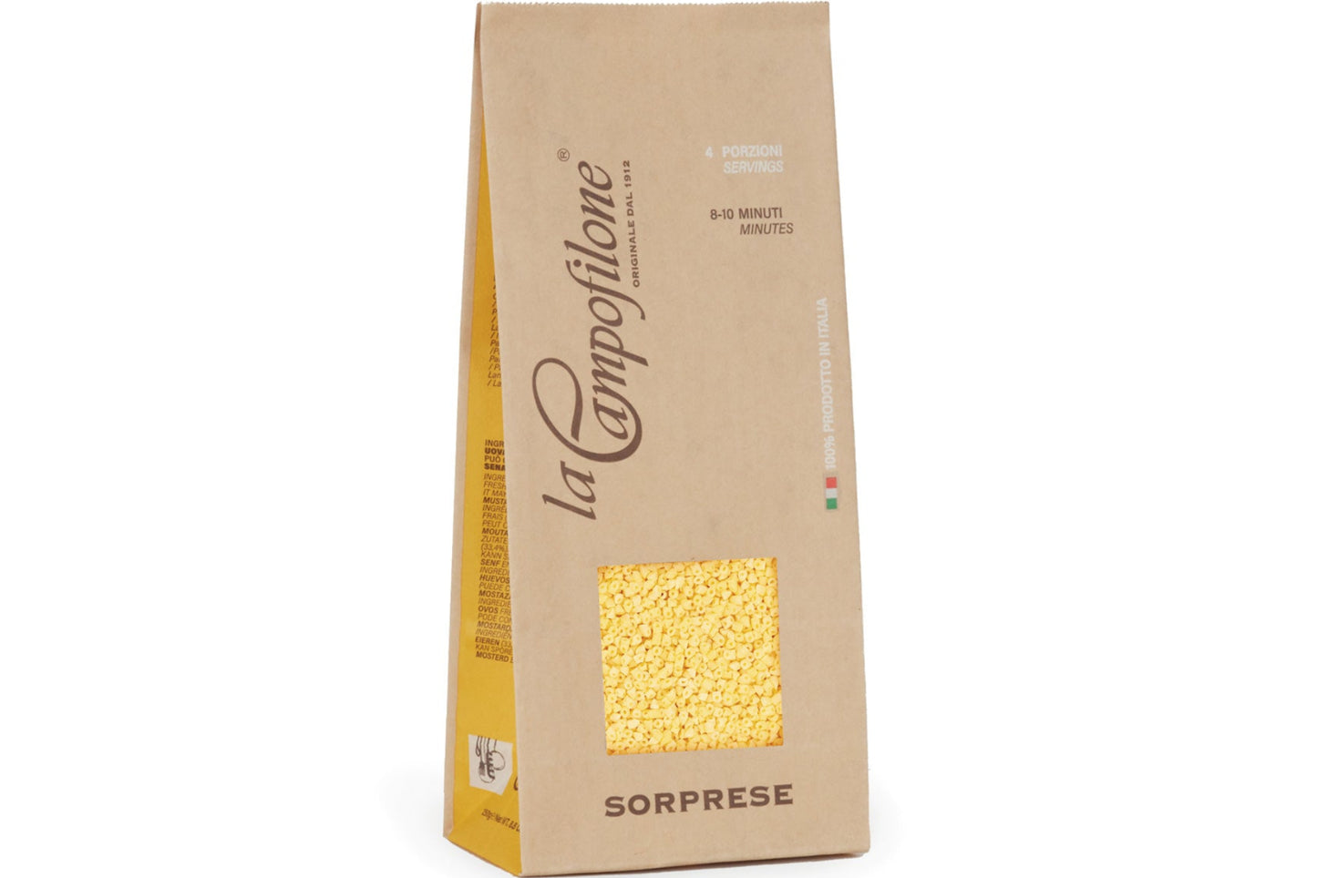Pasta package labeled 'la Campofilone Sorprese' on a white background