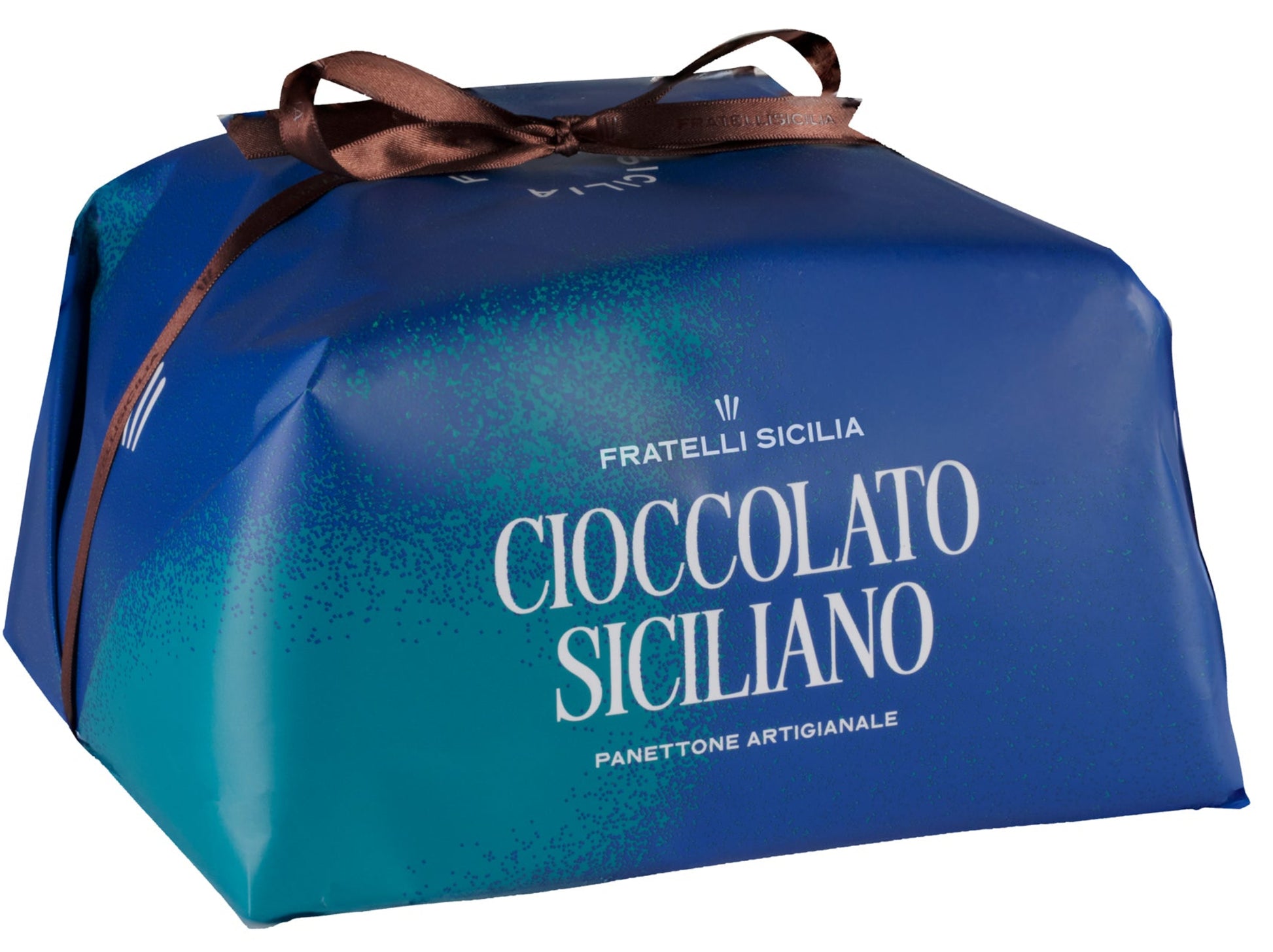 A package of Fratelli Sicilia Cioccolato Siciliano chocolate, featuring a blue and teal gradient box with a brown ribbon handle, on a plain white background.