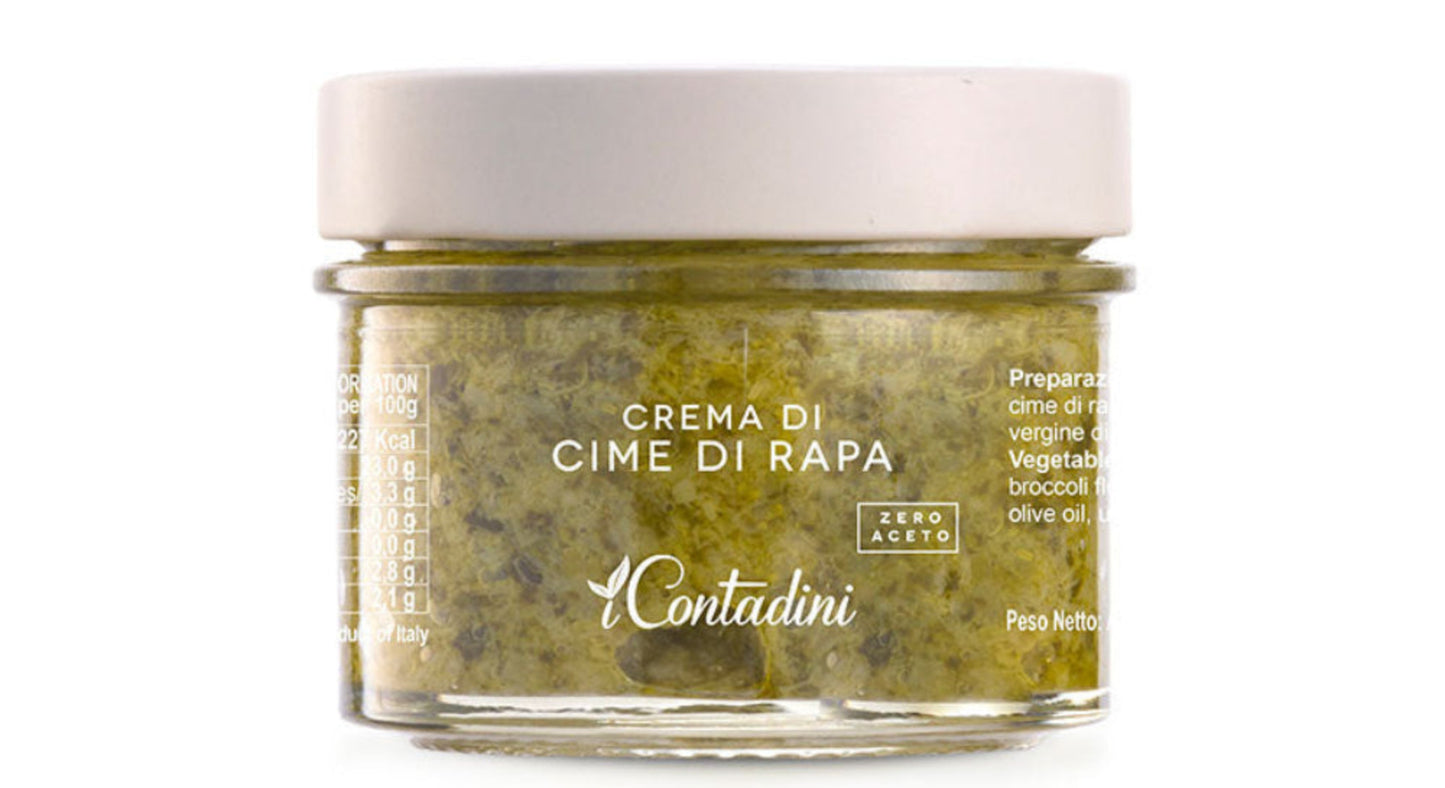 Jar of 'Crema di Cime di Rapa' with 'Contadini' branding on a white background