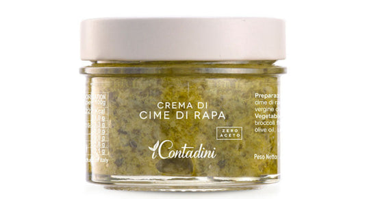 Jar of 'Crema di Cime di Rapa' with 'Contadini' branding on a white background