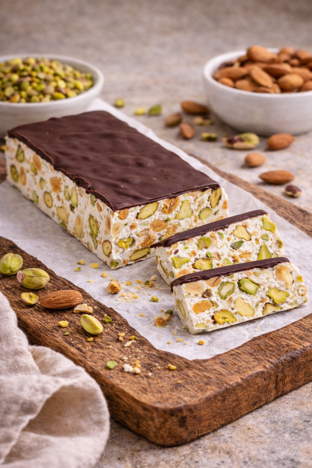 Soft Almond & Pistachio Nougat Covered in Dark Chocolate