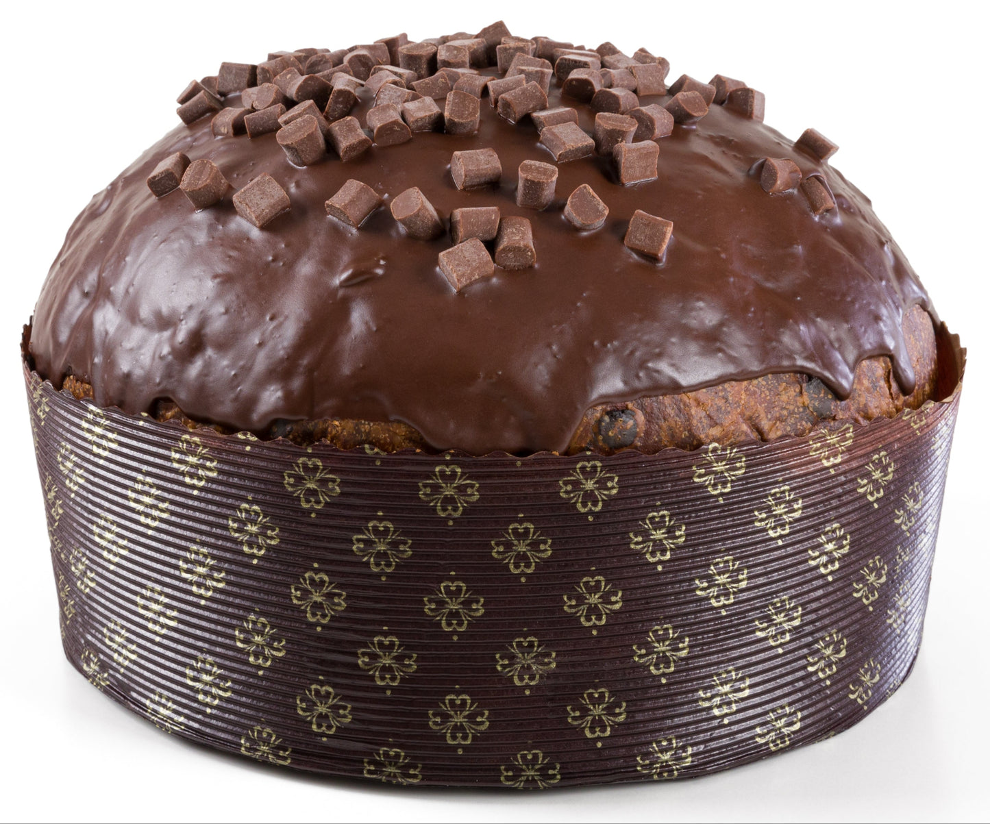 A round chocolate-glazed cake topped with small chocolate chunks, sitting in a patterned brown paper liner on a white background.