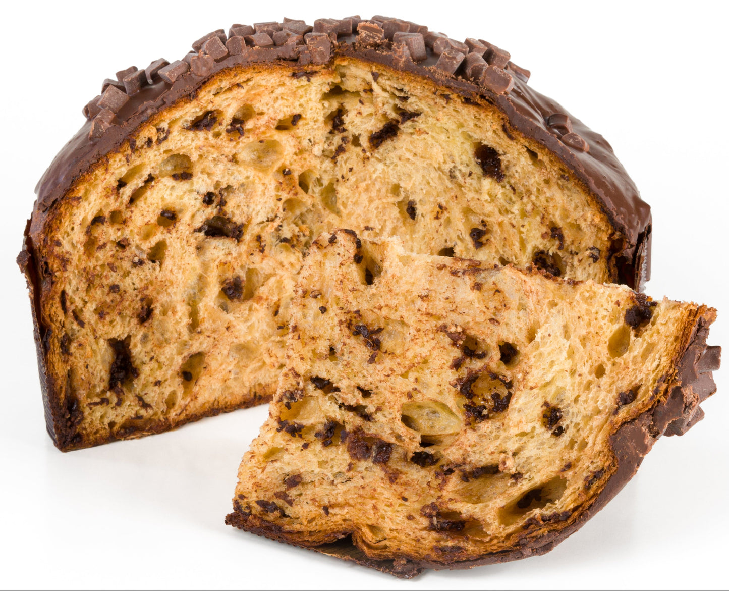 A sliced loaf of golden-brown bread with dark chocolate chips or fruit pieces throughout, topped with a dark chocolate glaze and sprinkles, shown on a white background.
