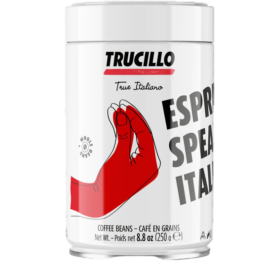 Trucillo coffee beans container with a red hand design on a white background