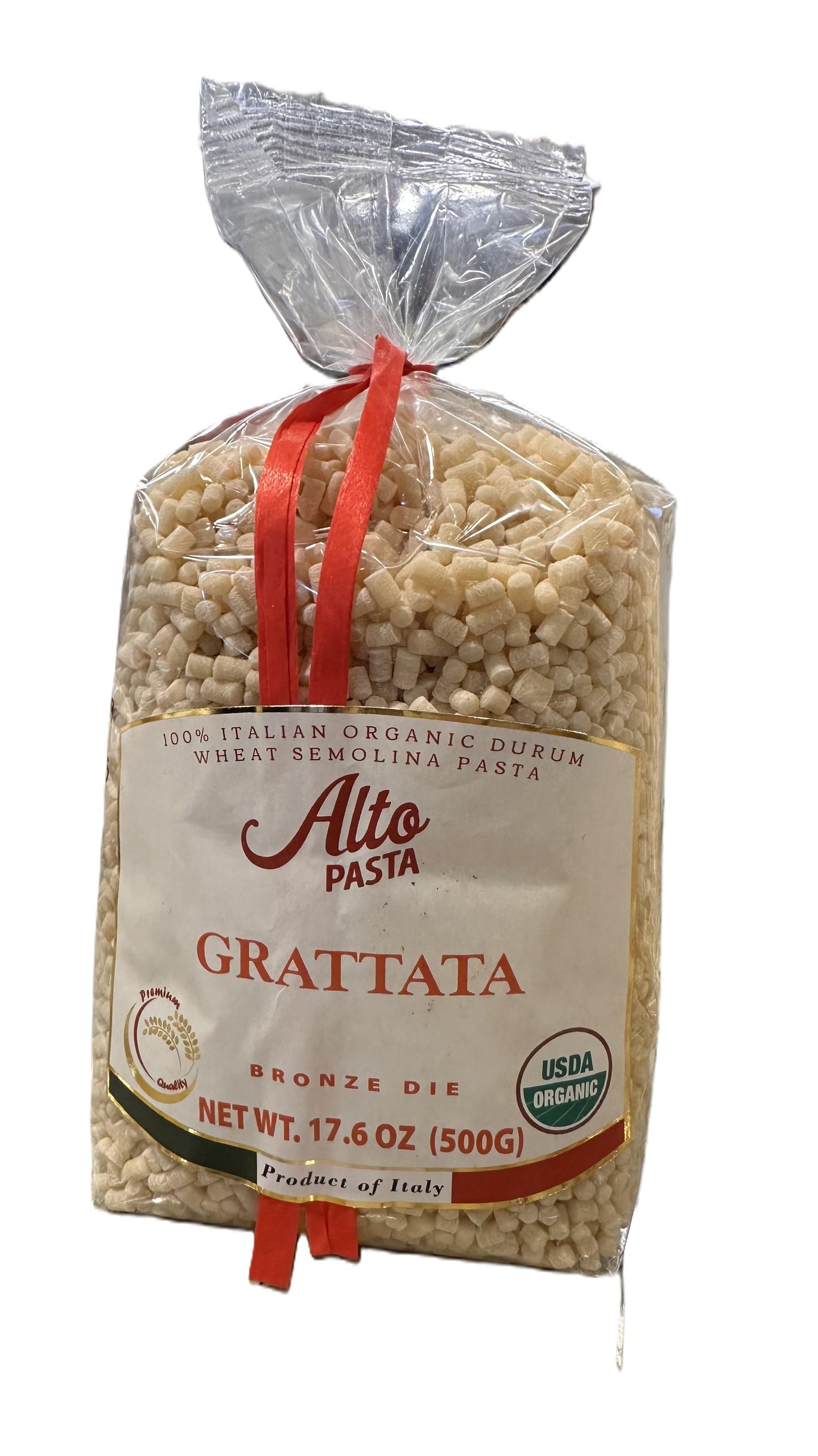Bag of Alto Pasta Grattata with a red ribbon on a white background