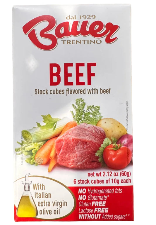Box of Bauer Trentino beef stock cubes on a stone surface
