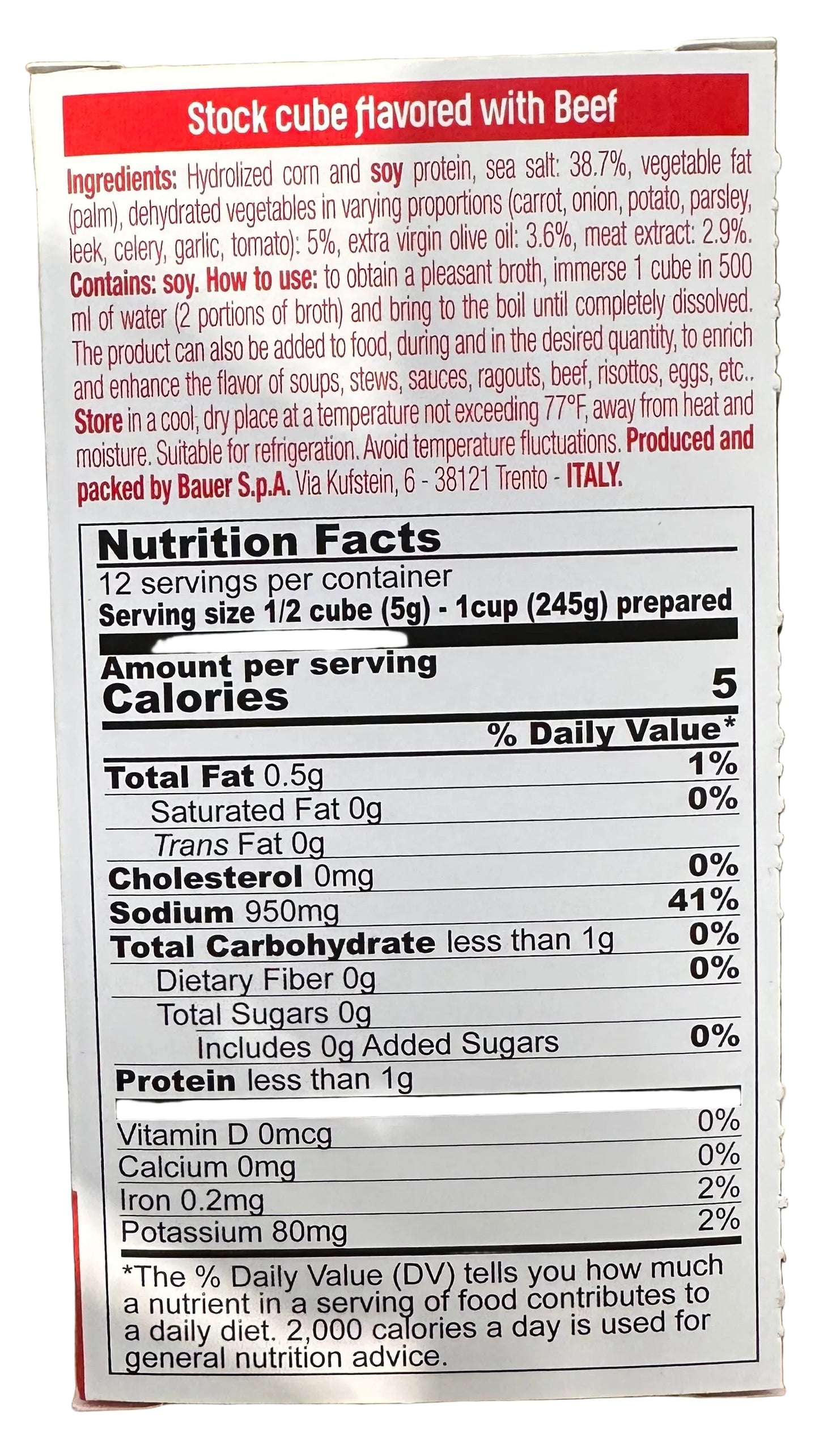 Nutrition label for a beef-flavored stock cube with ingredients and nutritional information.