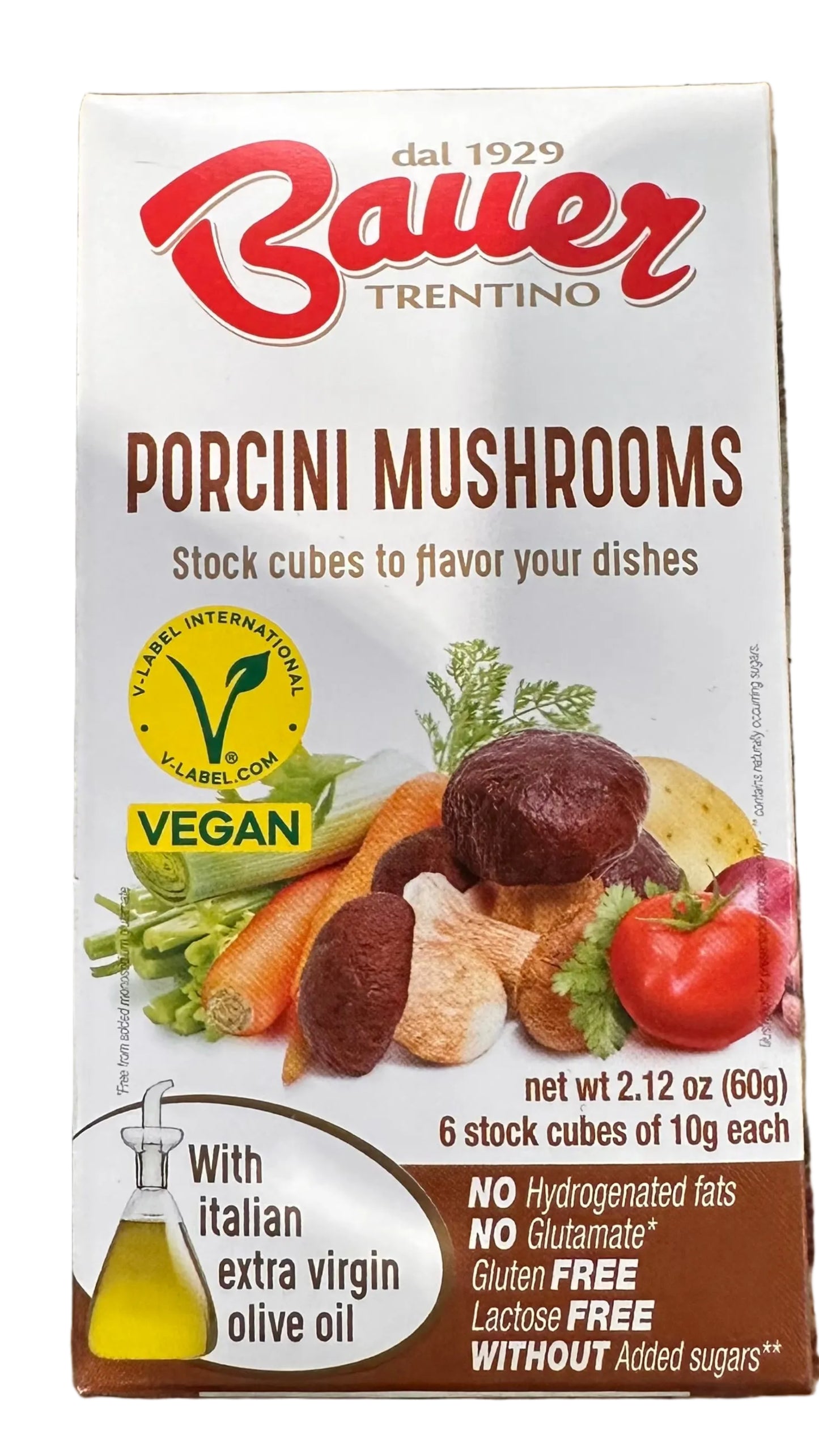 Box of Bauer Trentino Porcini Mushrooms on a marble countertop