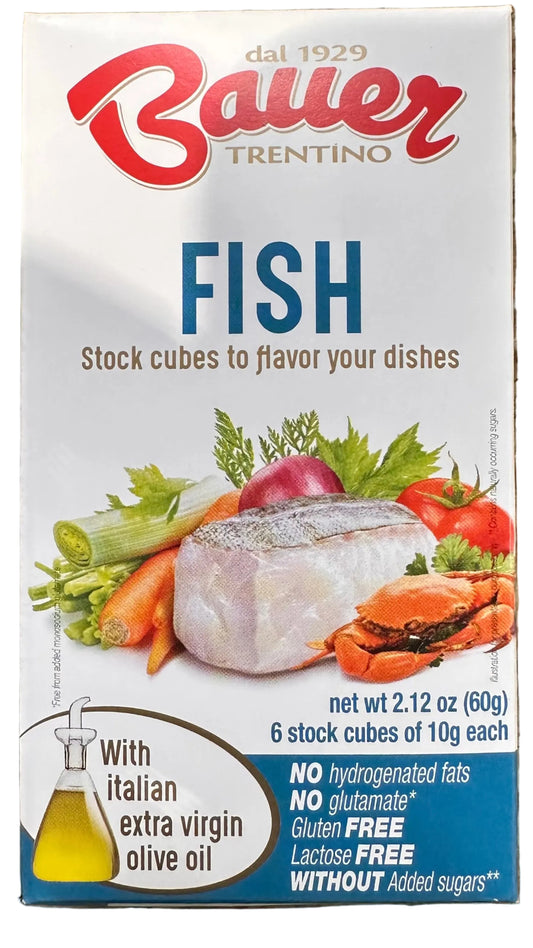 Bauer Trentino fish stock cubes packaging on a marble countertop