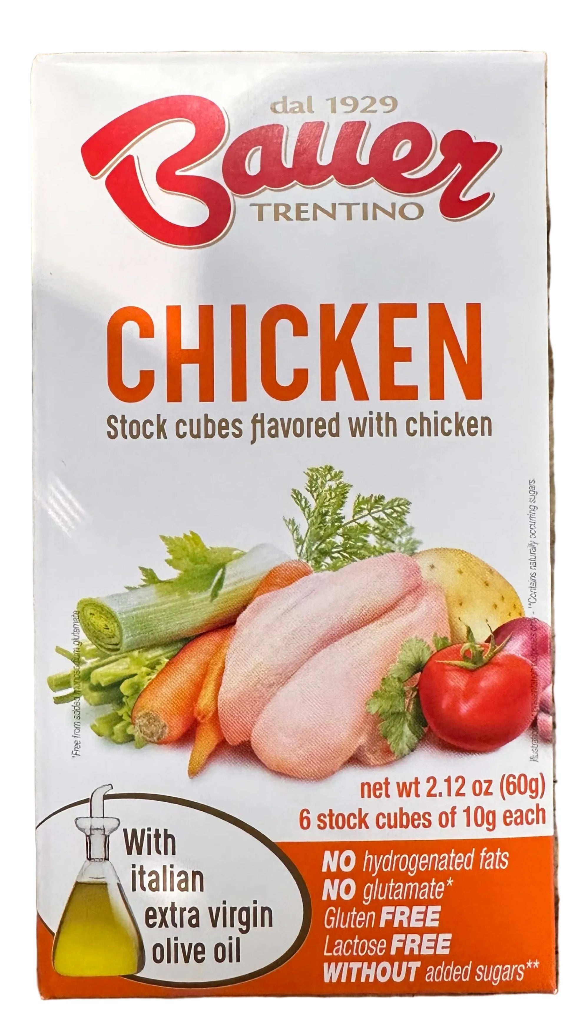 Box of Bauer Trentino Chicken Stock Cubes on a granite countertop