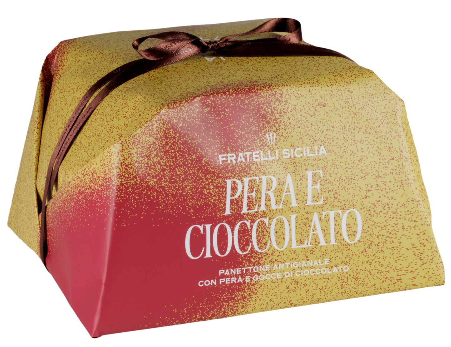 Fratelli Siciliani Pera e Cioccolato fruit and chocolate pastry in a decorative gold and red gradient box with a brown ribbon, shown on a plain white background.