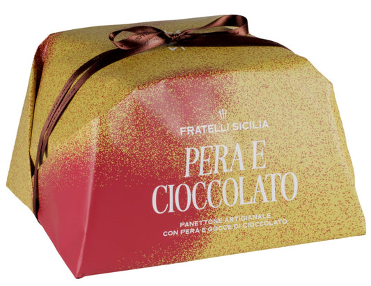 Fratelli Siciliani Pera e Cioccolato fruit and chocolate pastry in a decorative gold and red gradient box with a brown ribbon, shown on a plain white background.