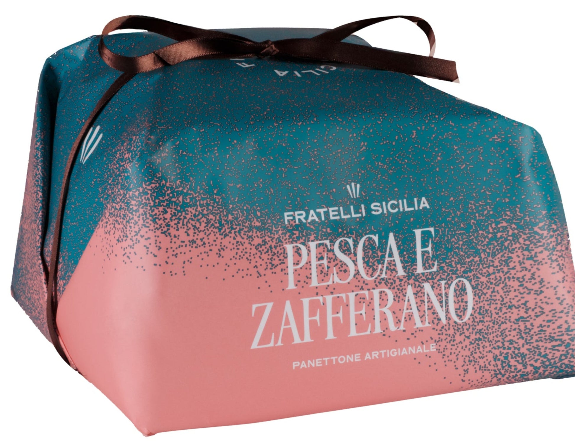 A packaged food product from Fratelli Sicilia, 'Pesca e Zafferano', presented in a geometric paper bag with a teal and pink gradient design, white text, and a dark brown ribbon handle, set against a plain white background.