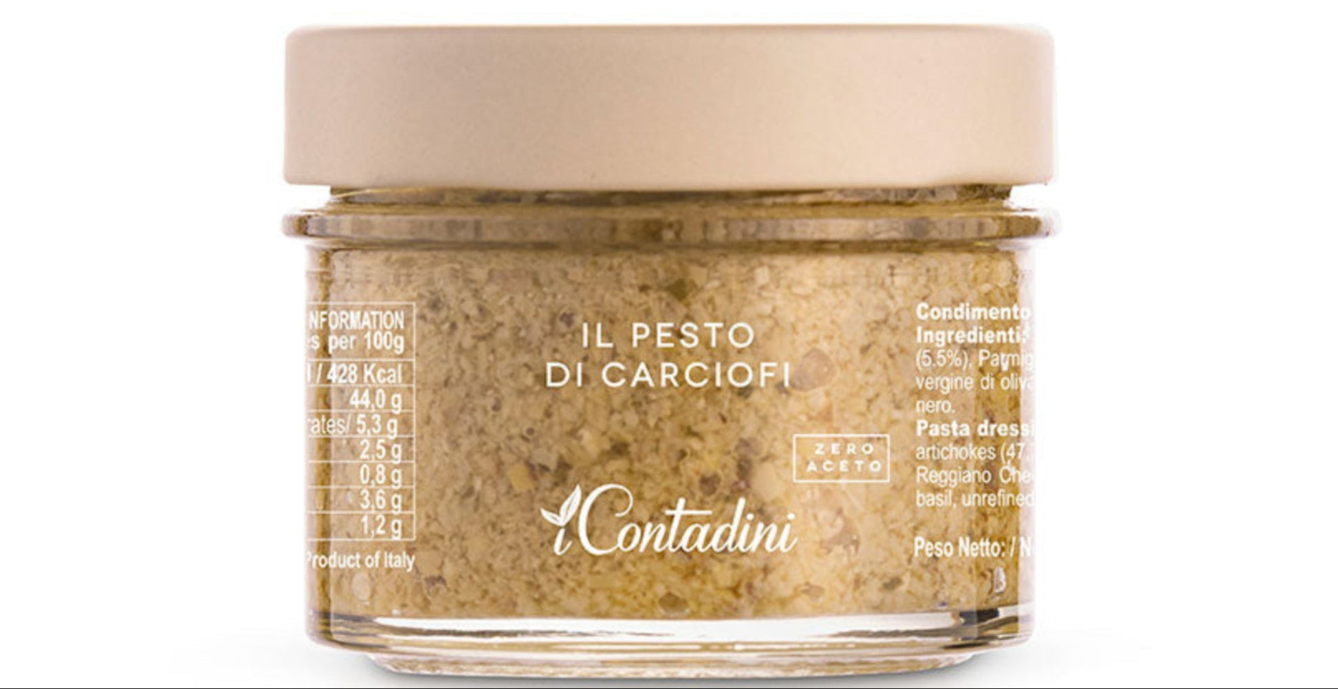 Jar of pesto with a beige lid on a white background