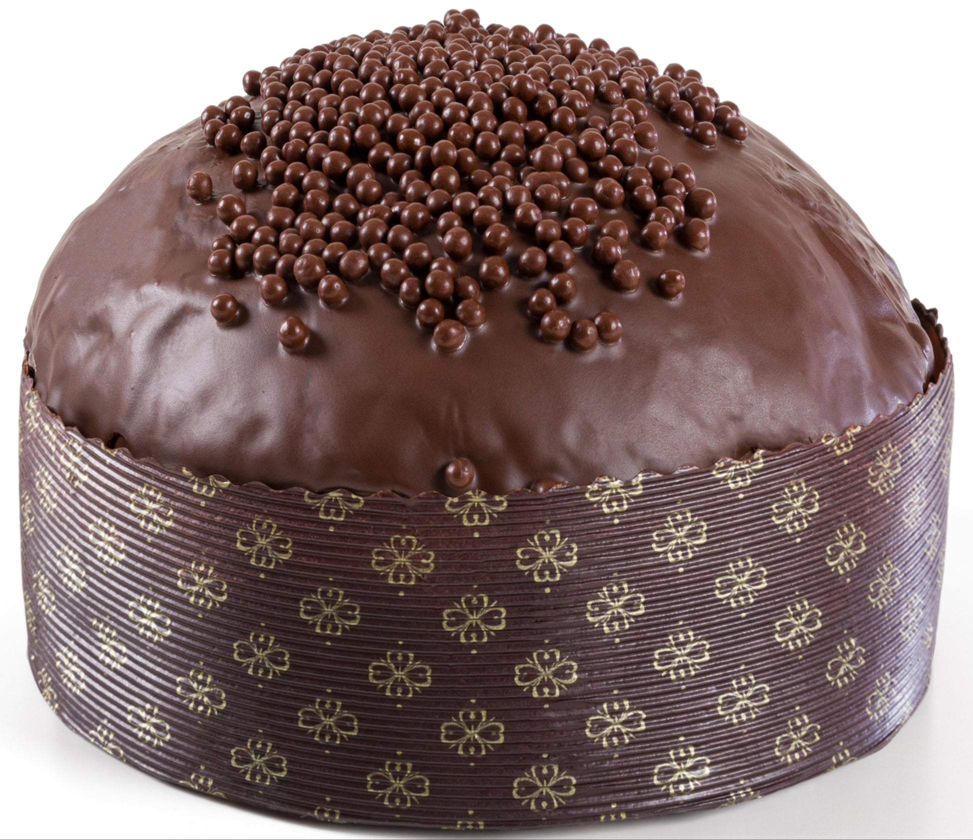 A chocolate-covered round cake or pastry with a patterned brown ribbon around the base and dark chocolate sprinkles on top, isolated on a white background.