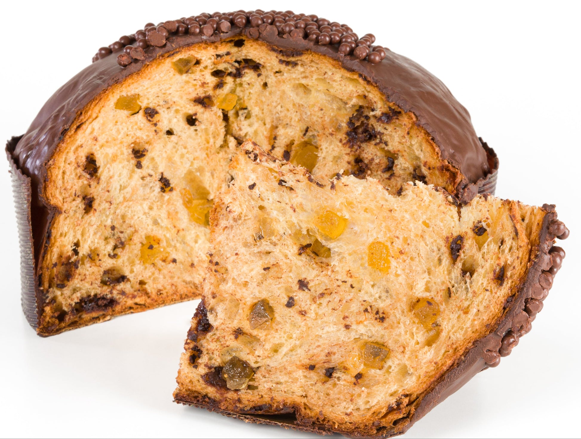A sliced loaf of traditional Panettone with a glossy dark chocolate glaze on top and sides, showing a moist, golden-brown interior studded with raisins and candied fruits, isolated on a white background.