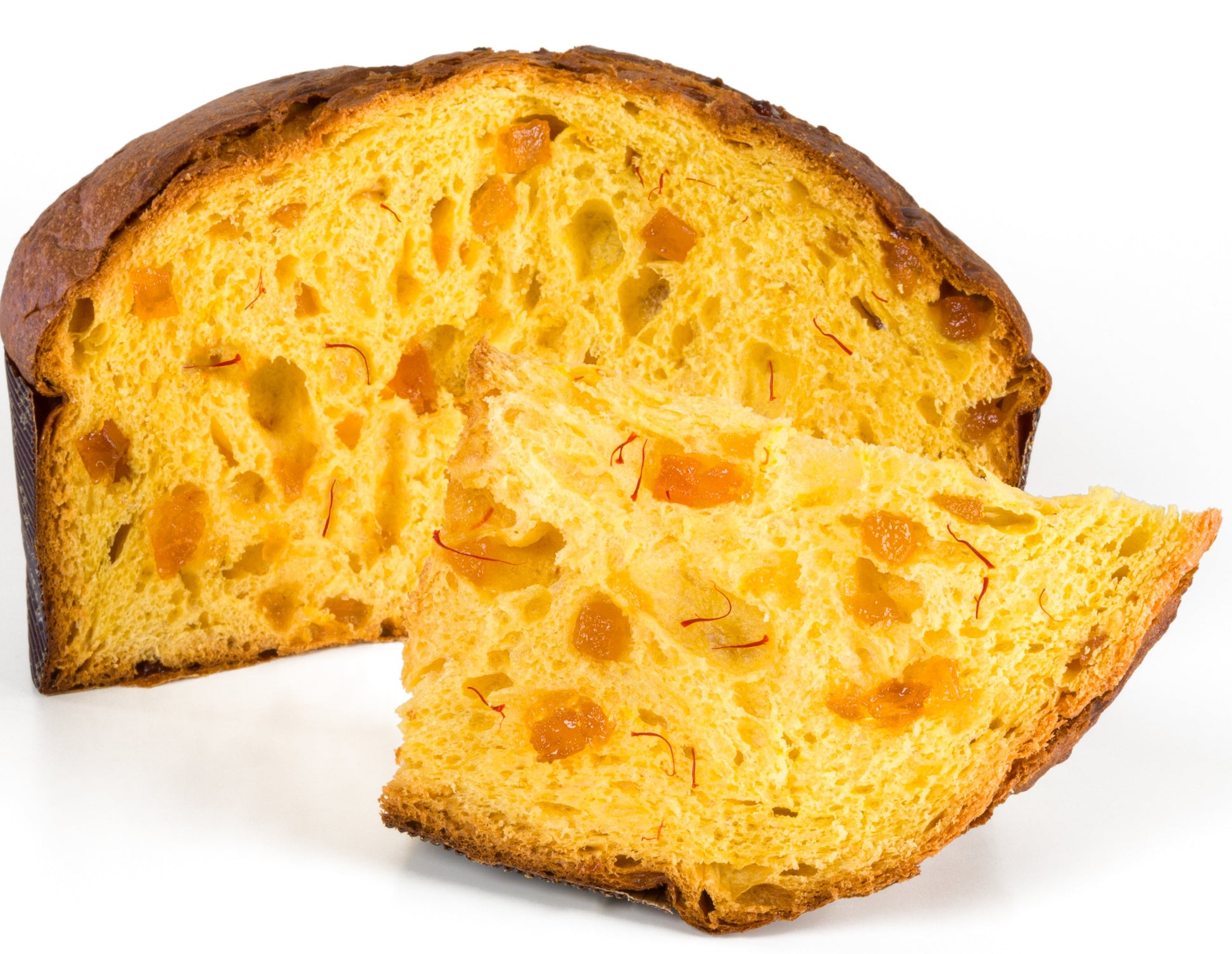 A sliced loaf of golden-brown bread with visible dried fruit pieces, photographed on a clean white background.
