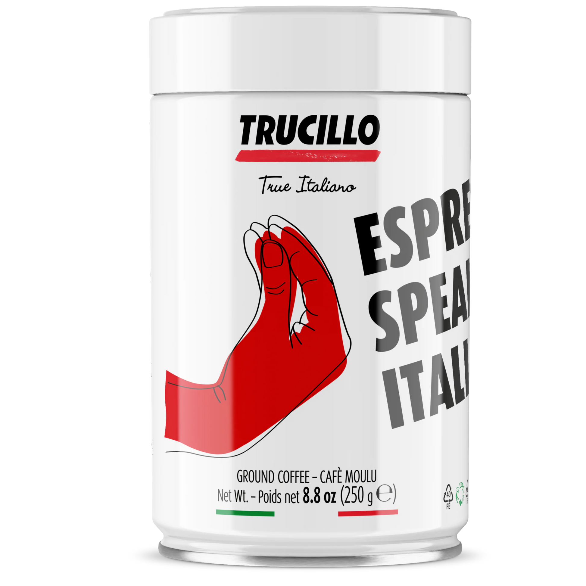 Trucillo coffee canister with a red hand graphic on a white background