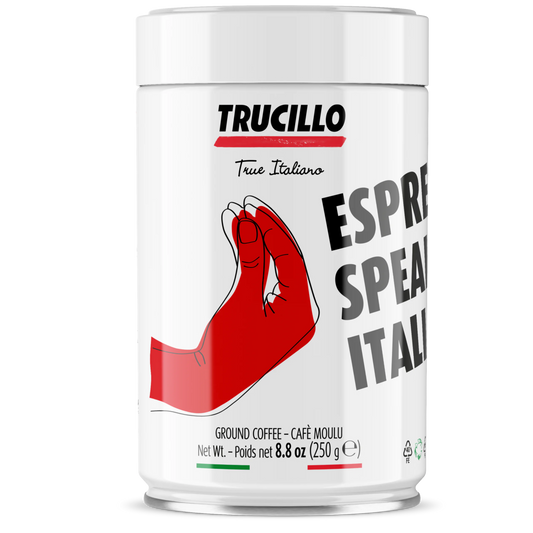 Trucillo coffee canister with a red hand graphic on a white background